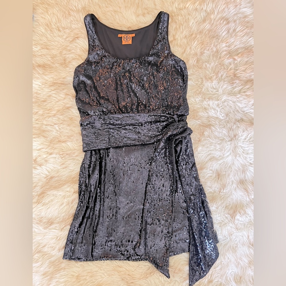 Tory Burch midnight blue sequin dress with tie sash